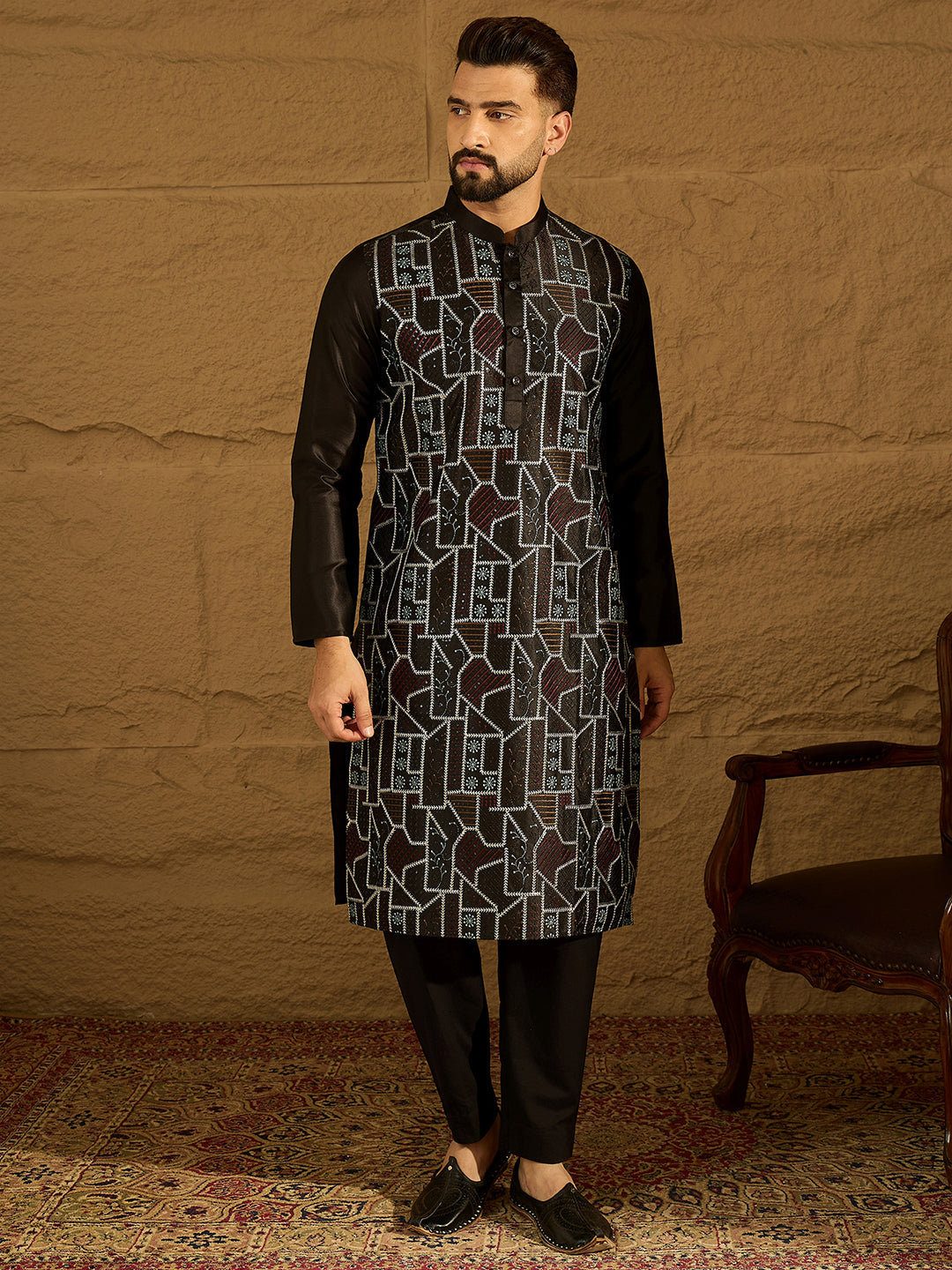 Men Black Silk Blend Solid Embroidered Straight Kurta-MKU1474