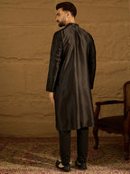 Men Black Silk Blend Solid Embroidered Straight Kurta-MKU1474