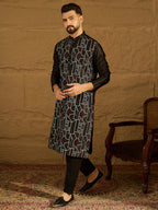 Men Black Silk Blend Solid Embroidered Straight Kurta-MKU1474