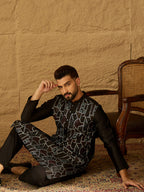 Men Black Silk Blend Solid Embroidered Straight Kurta-MKU1474
