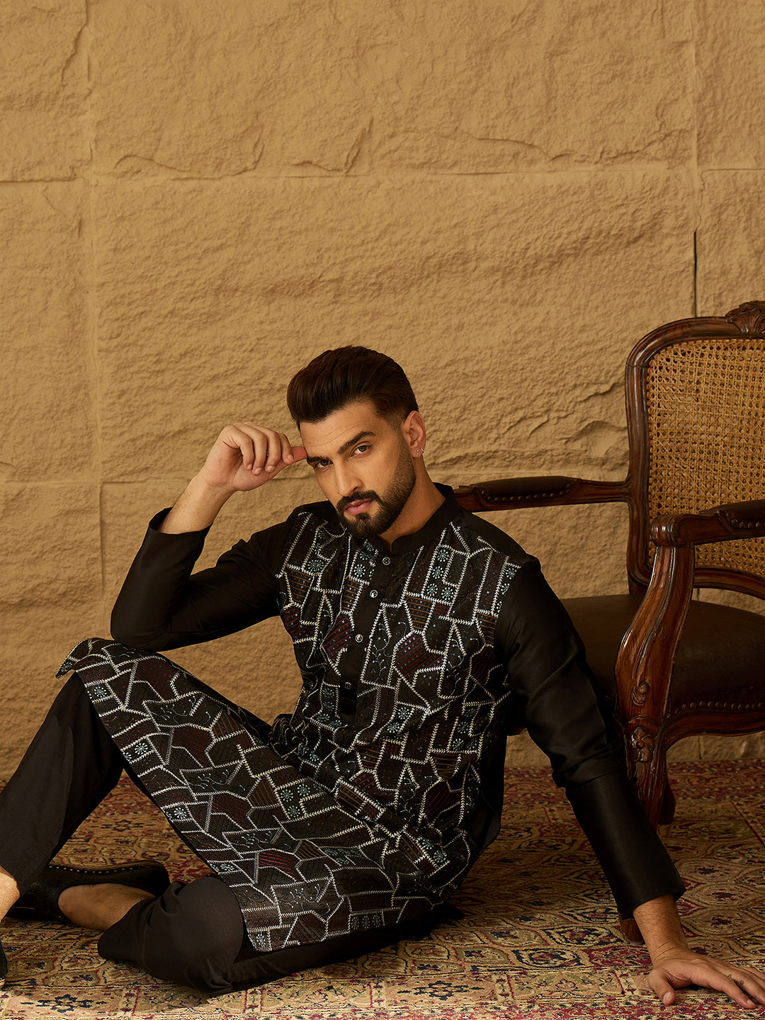 Men Black Silk Blend Solid Embroidered Straight Kurta-MKU1474