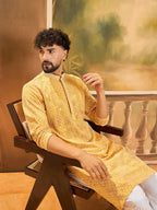 Men Yellow Viscose Rayon Shibori Embroidered Straight Kurta with Trouser-MKSET1483