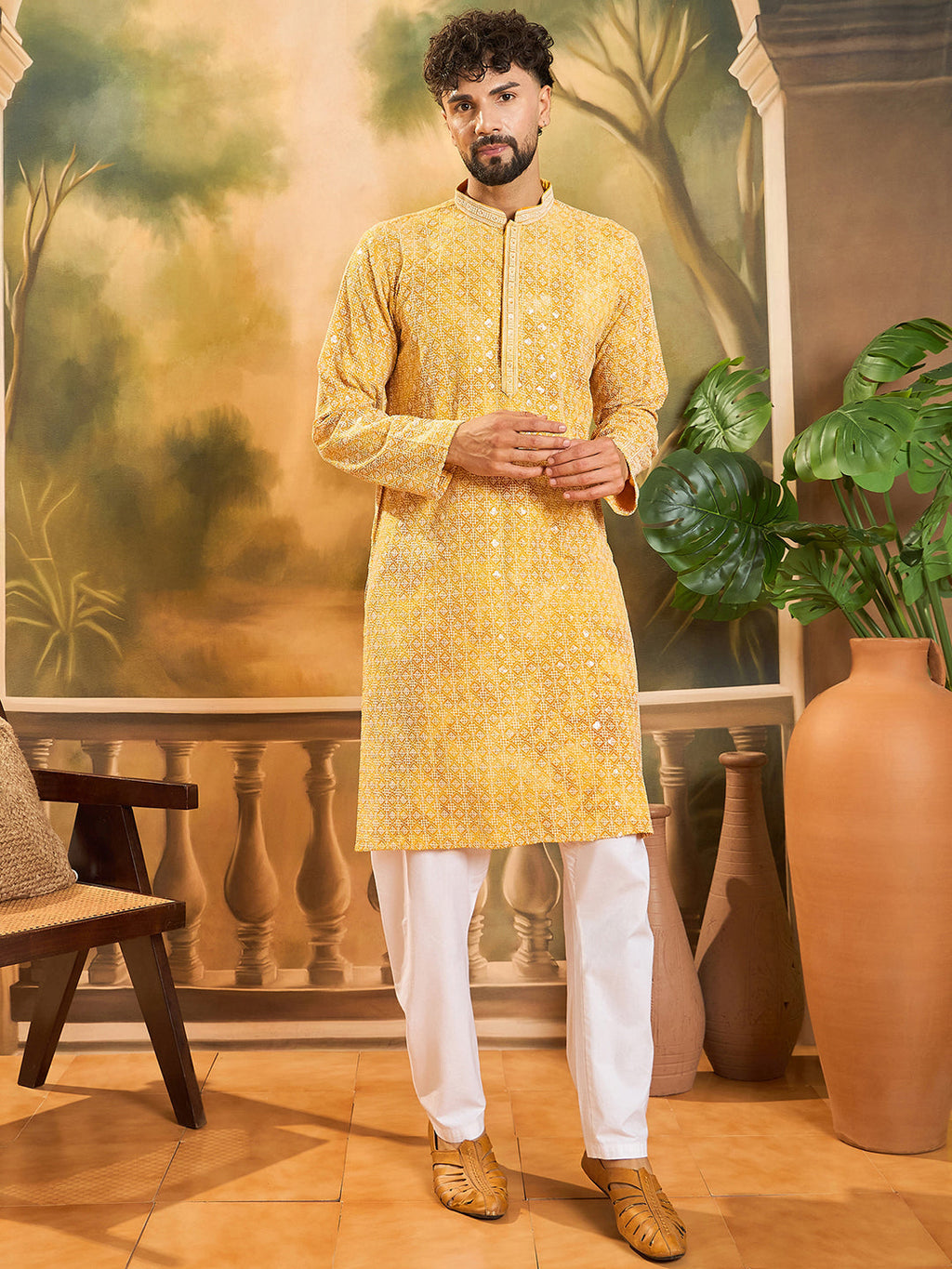 Men Yellow Viscose Rayon Shibori Embroidered Straight Kurta with Trouser-MKSET1483