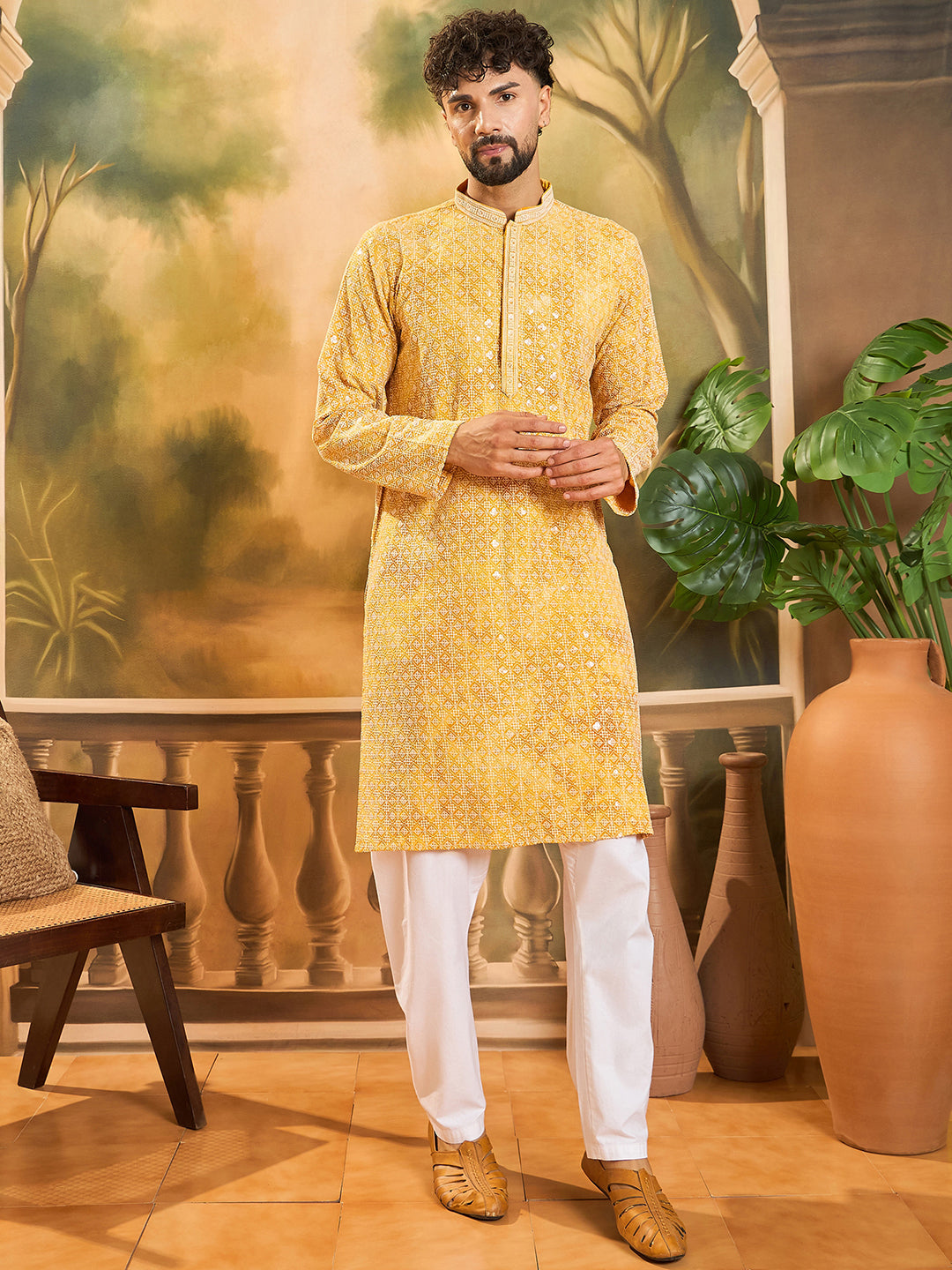 Men Yellow Viscose Rayon Shibori Embroidered Straight Kurta with Trouser-MKSET1483