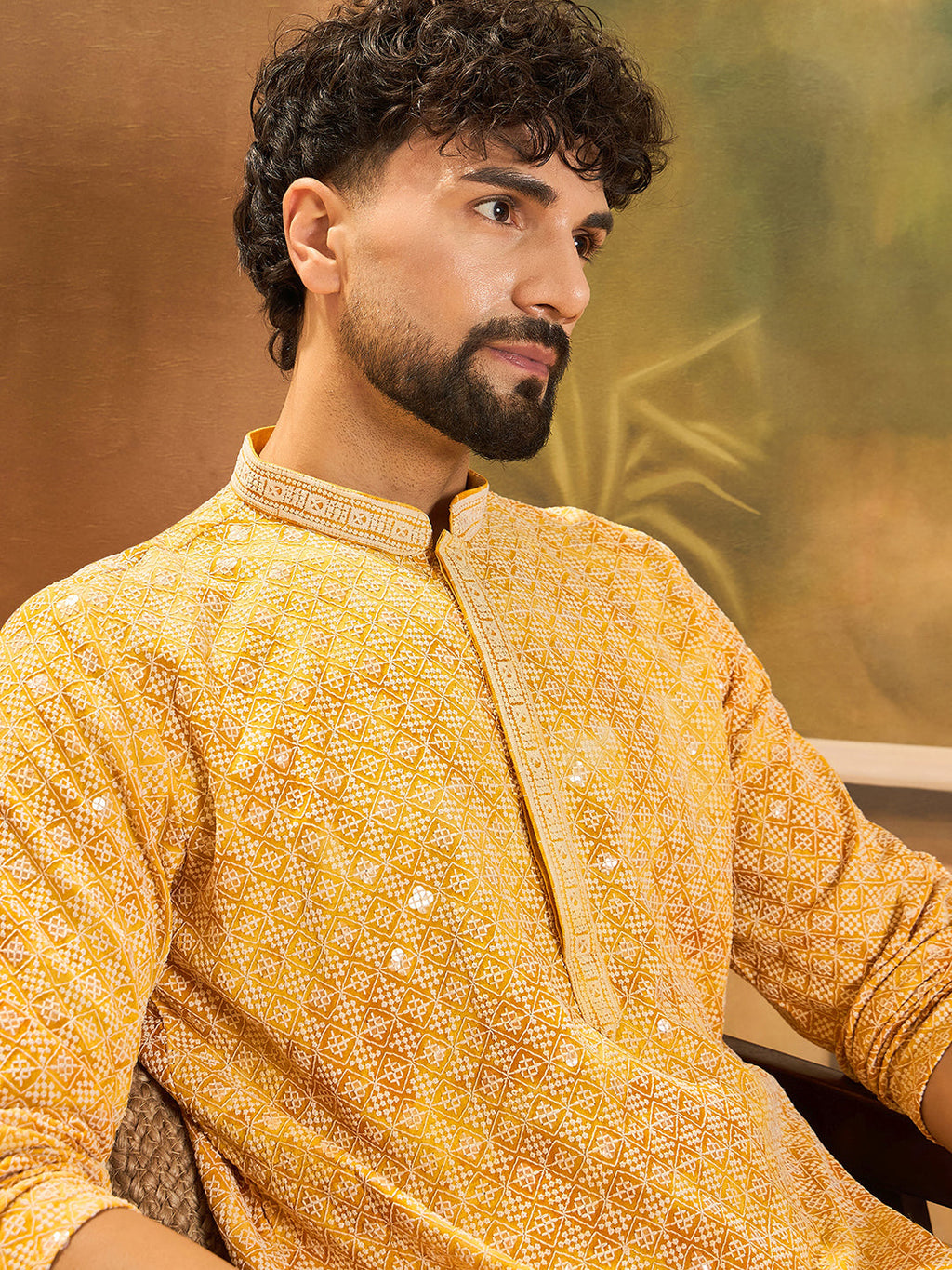Men Yellow Viscose Rayon Shibori Embroidered Straight Kurta with Trouser-MKSET1483