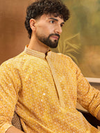 Men Yellow Viscose Rayon Shibori Embroidered Straight Kurta with Trouser-MKSET1483