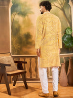 Men Yellow Viscose Rayon Shibori Embroidered Straight Kurta with Trouser-MKSET1483
