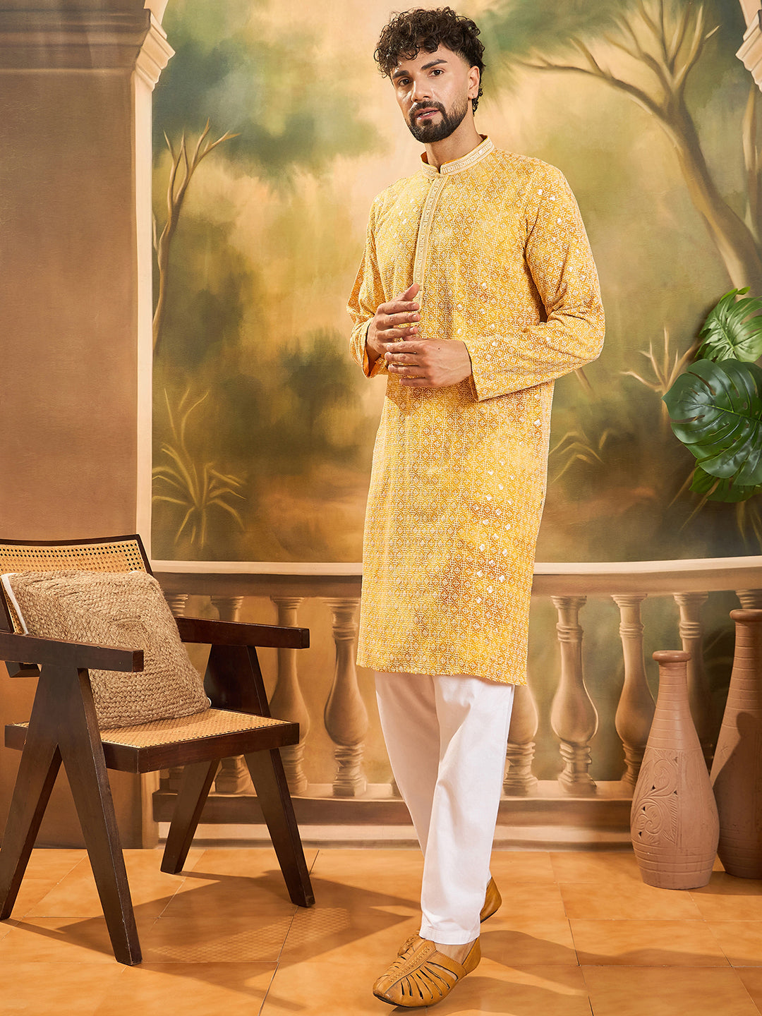 Men Yellow Viscose Rayon Shibori Embroidered Straight Kurta with Trouser-MKSET1483