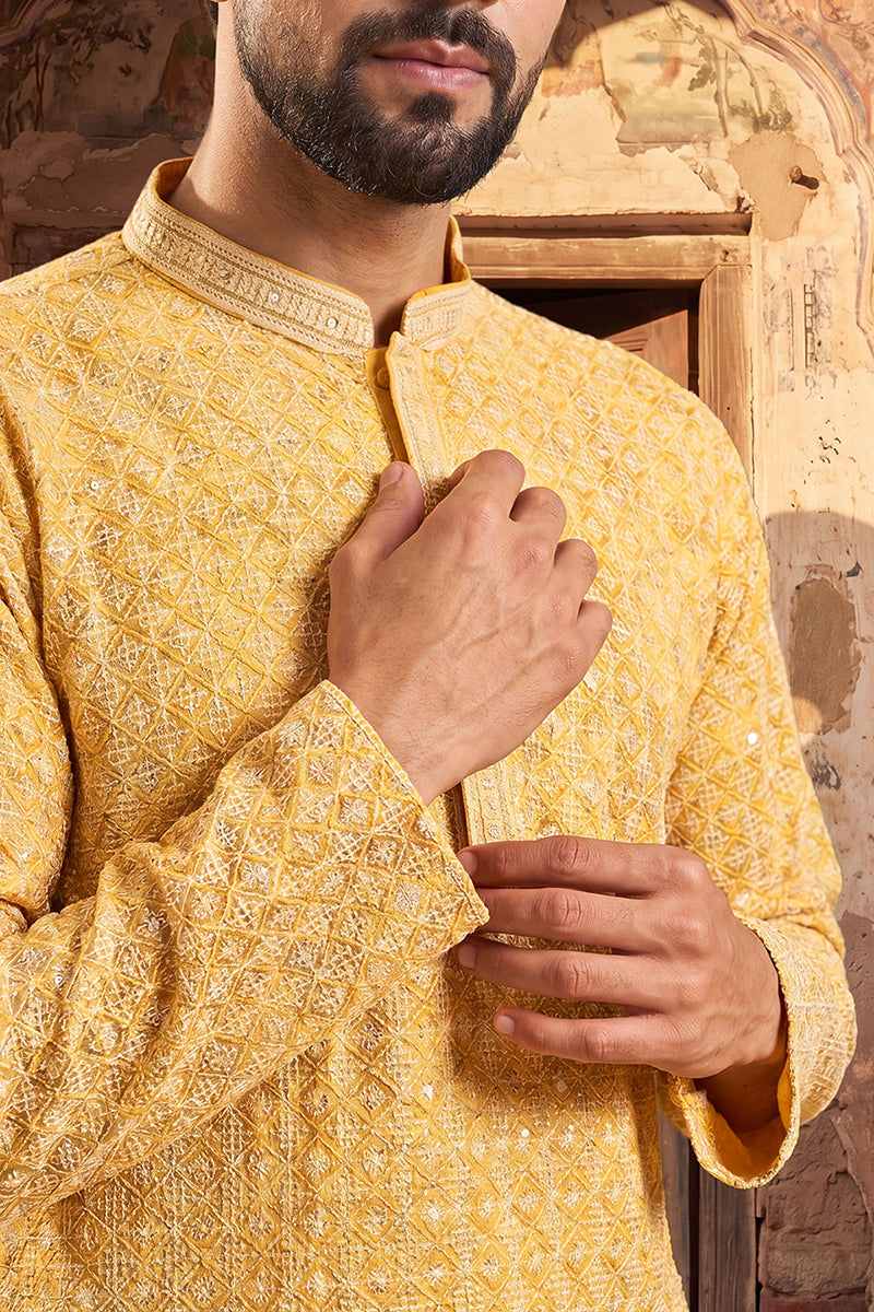 Yellow Viscose Rayon Shibori Embroidered Straight Kurta MKU1483