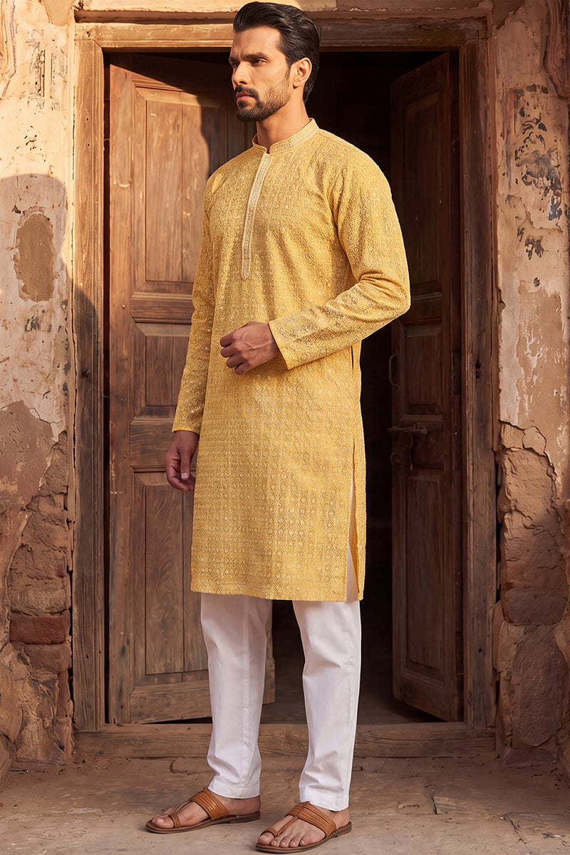 Yellow Viscose Rayon Shibori Embroidered Straight Kurta MKU1483