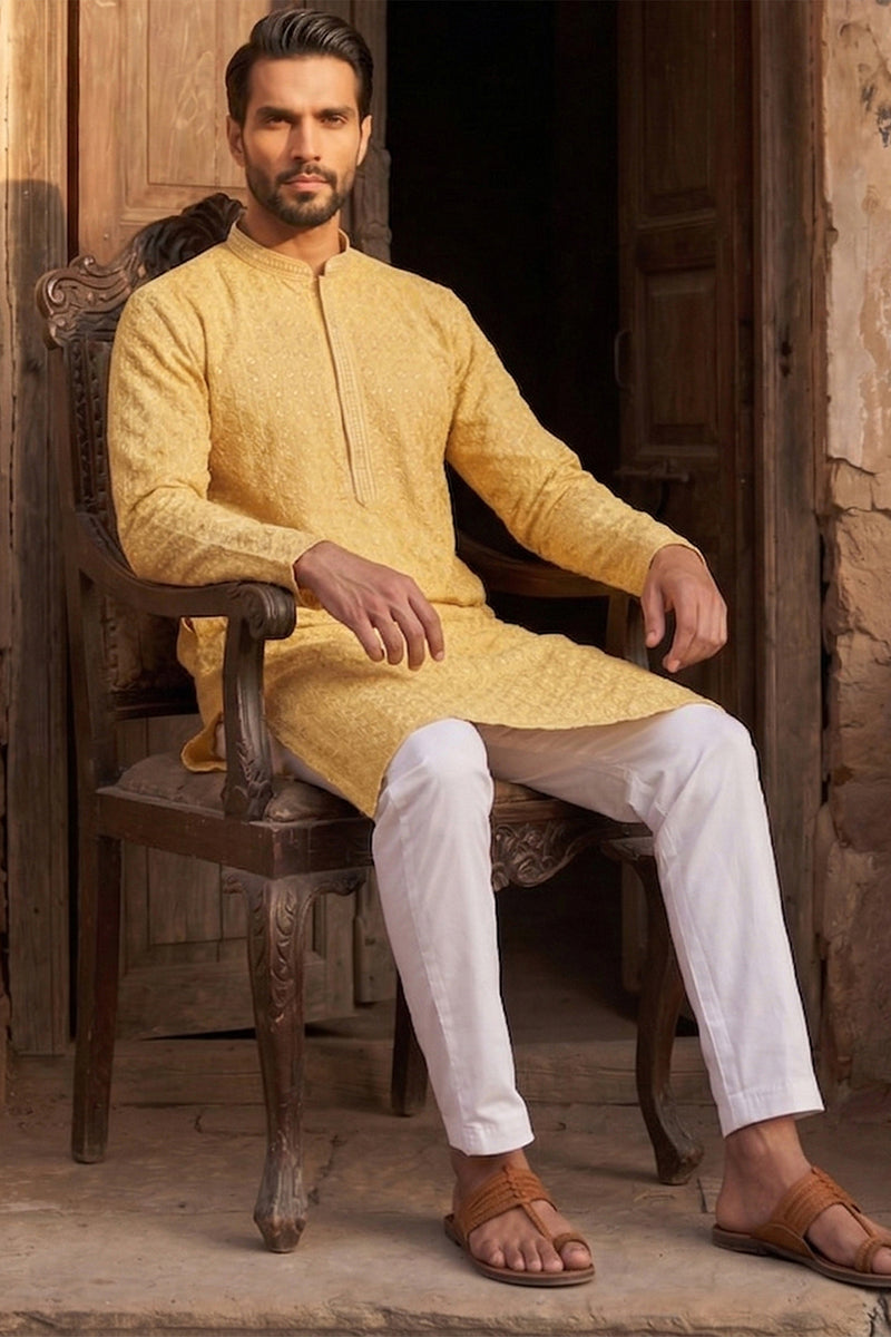 Yellow Viscose Rayon Shibori Embroidered Straight Kurta MKU1483