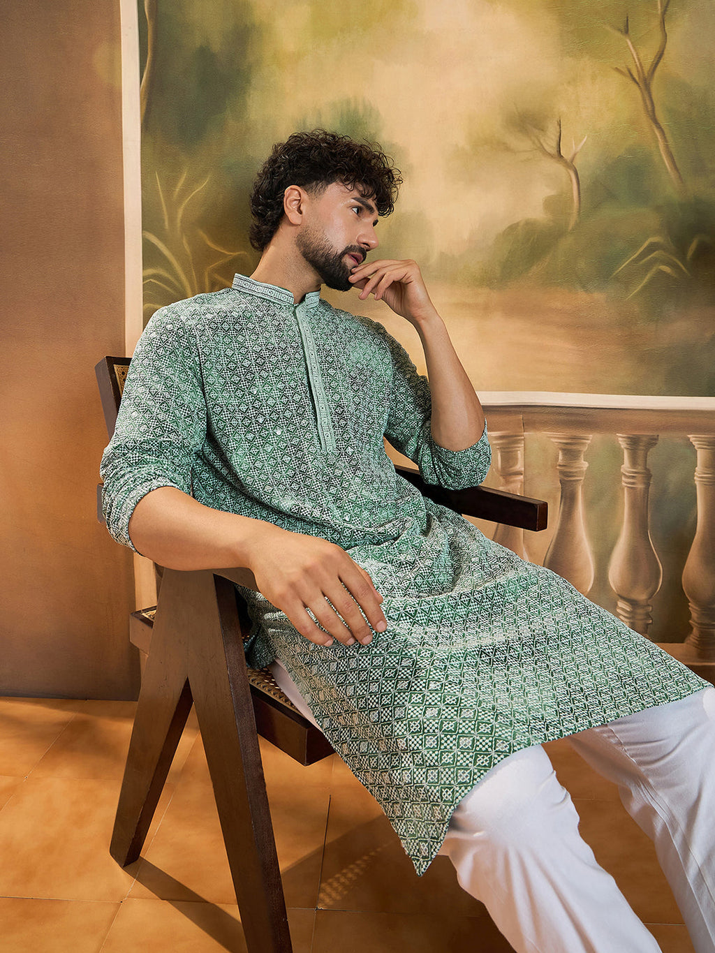 Men Green Viscose Rayon Shibori Embroidered Straight Kurta with Trouser-MKSET1485