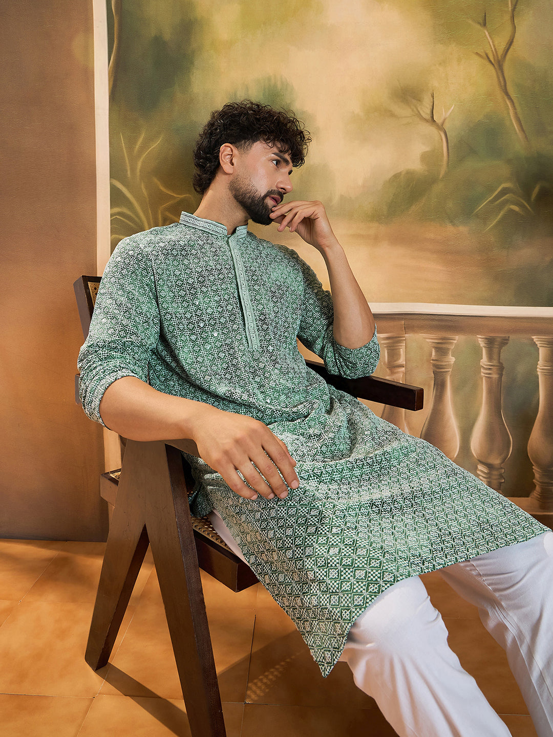 Men Green Viscose Rayon Shibori Embroidered Straight Kurta with Trouser-MKSET1485