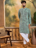 Men Green Viscose Rayon Shibori Embroidered Straight Kurta with Trouser-MKSET1485