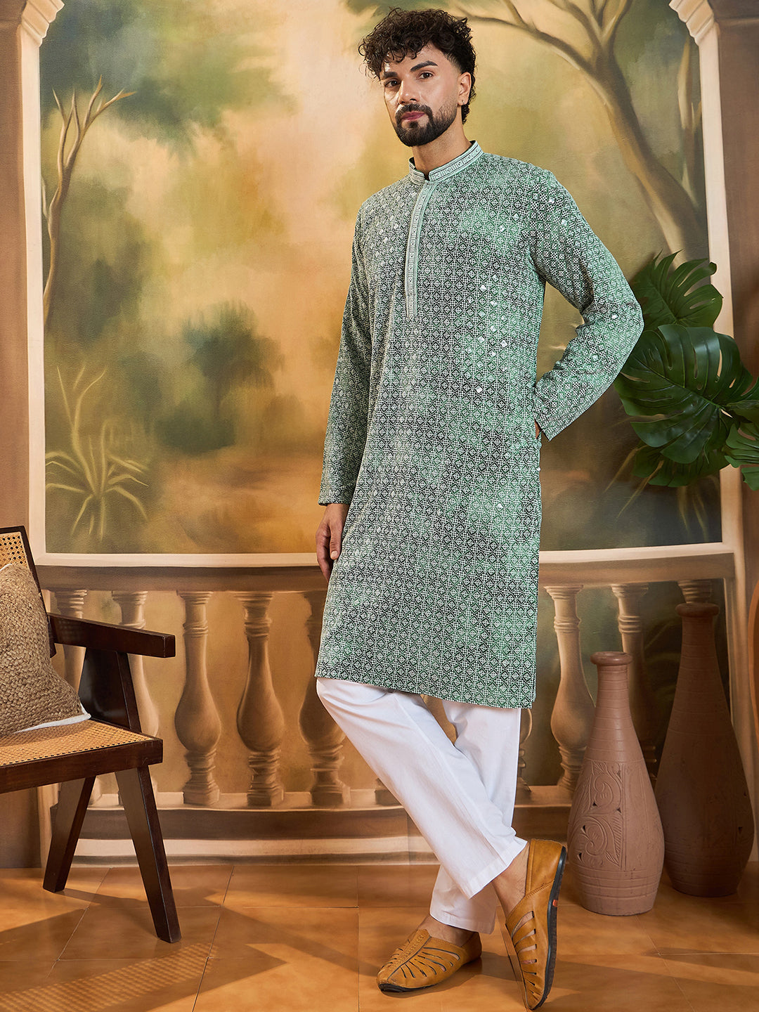 Men Green Viscose Rayon Shibori Embroidered Straight Kurta with Trouser-MKSET1485