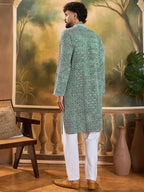 Men Green Viscose Rayon Shibori Embroidered Straight Kurta with Trouser-MKSET1485