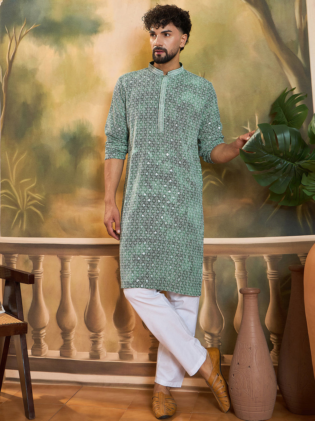 Men Green Viscose Rayon Shibori Embroidered Straight Kurta with Trouser-MKSET1485