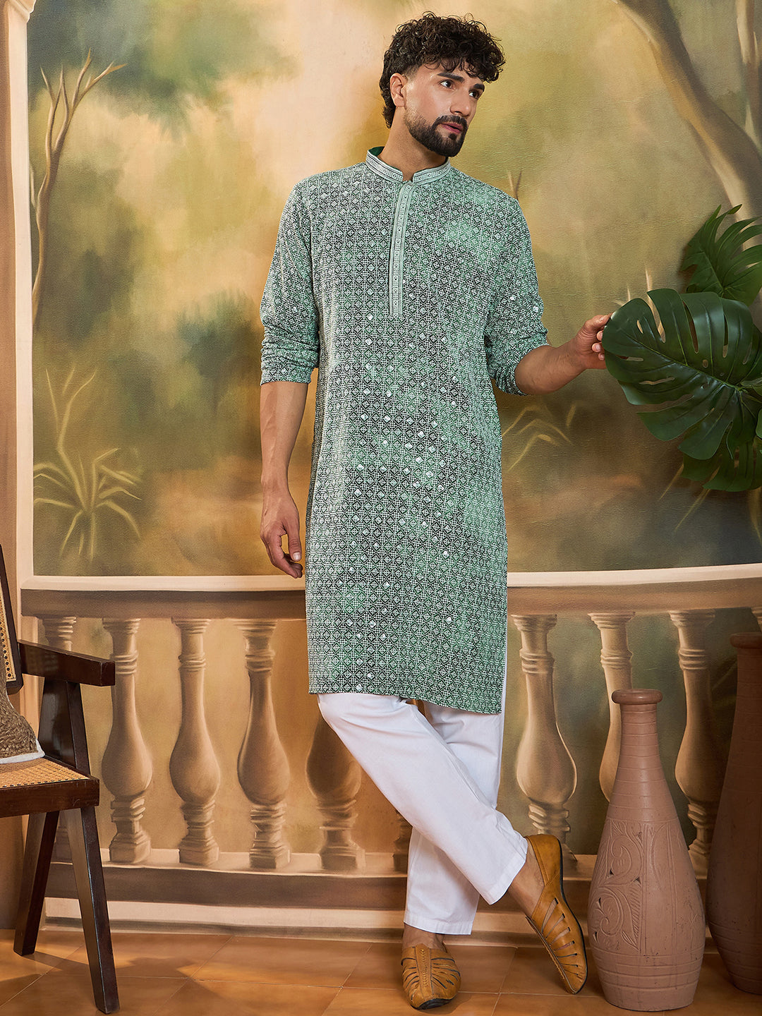 Men Green Viscose Rayon Shibori Embroidered Straight Kurta with Trouser-MKSET1485