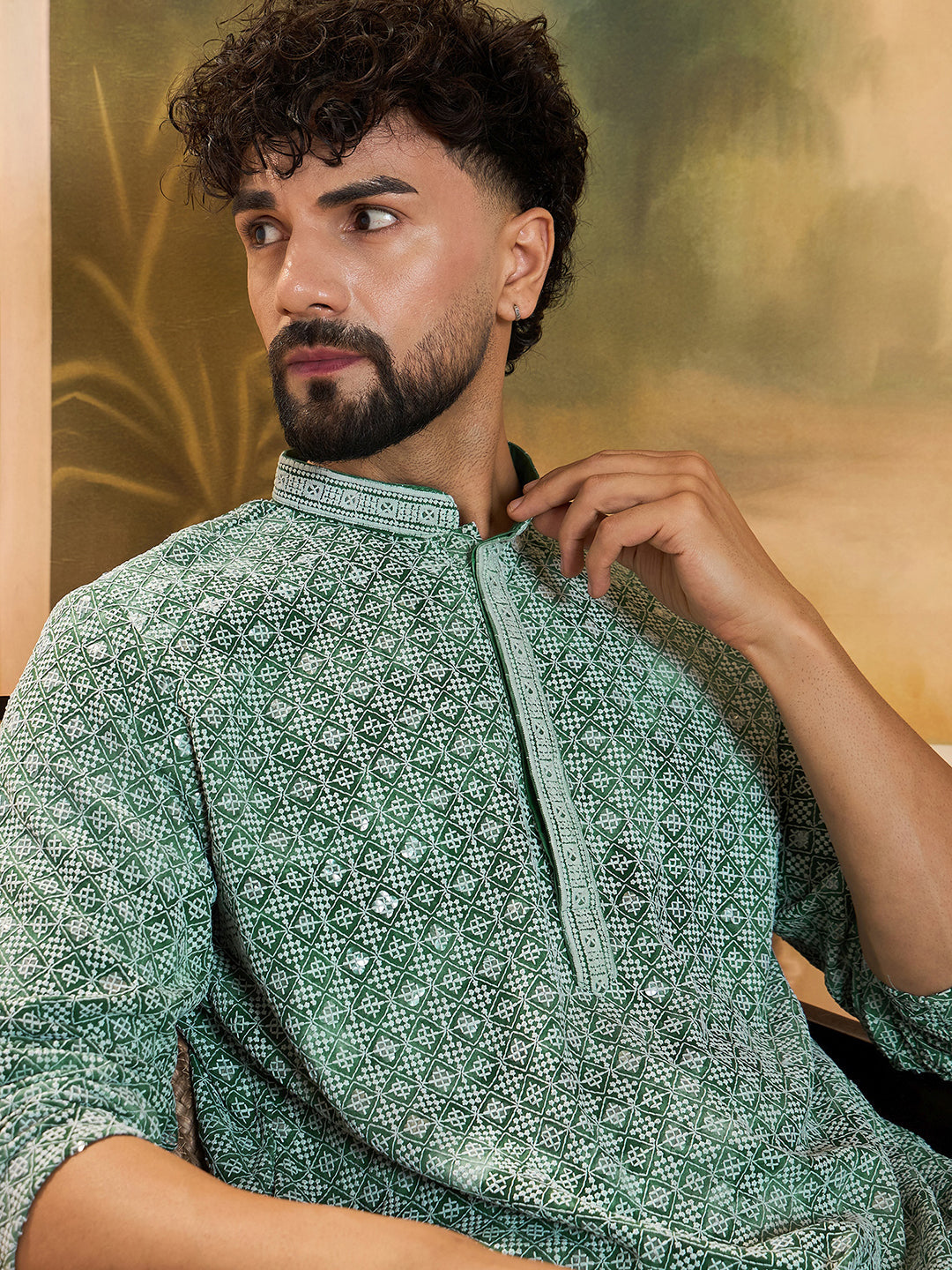 Men Green Viscose Rayon Shibori Embroidered Straight Kurta with Trouser-MKSET1485