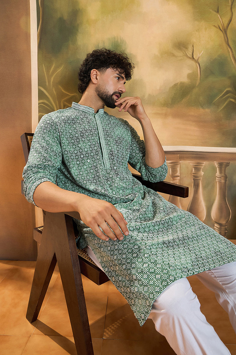 Green Viscose Rayon Shibori Embroidered Straight Kurta MKU1485