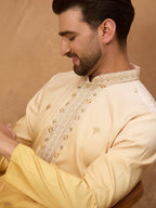 Men Yellow Silk Blend Solid Embroidered Straight Kurta-MKU1486