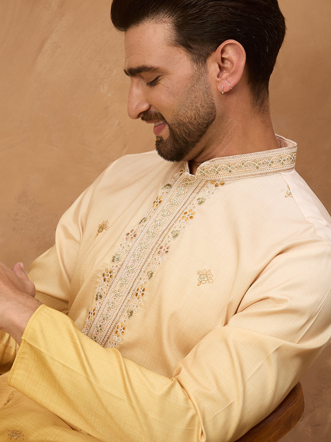 Men Yellow Silk Blend Solid Embroidered Straight Kurta-MKU1486