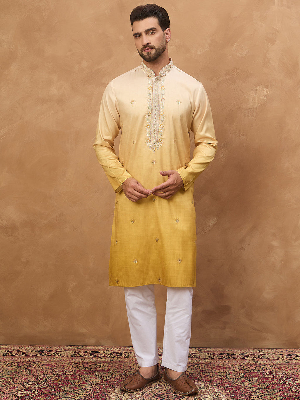 Men Yellow Silk Blend Solid Embroidered Straight Kurta-MKU1486