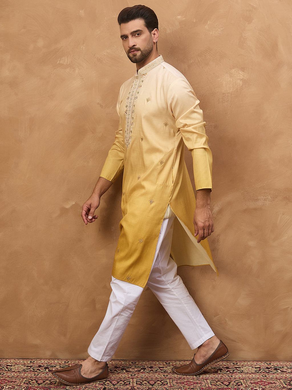 Men Yellow Silk Blend Solid Embroidered Straight Kurta-MKU1486