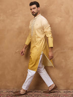 Men Yellow Silk Blend Solid Embroidered Straight Kurta-MKU1486