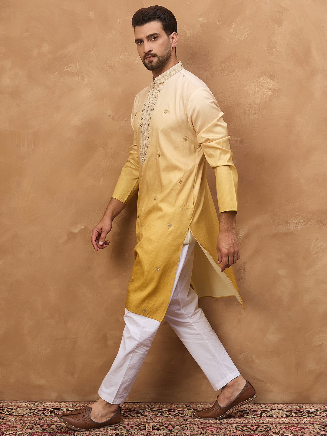 Men Yellow Silk Blend Solid Embroidered Straight Kurta-MKU1486