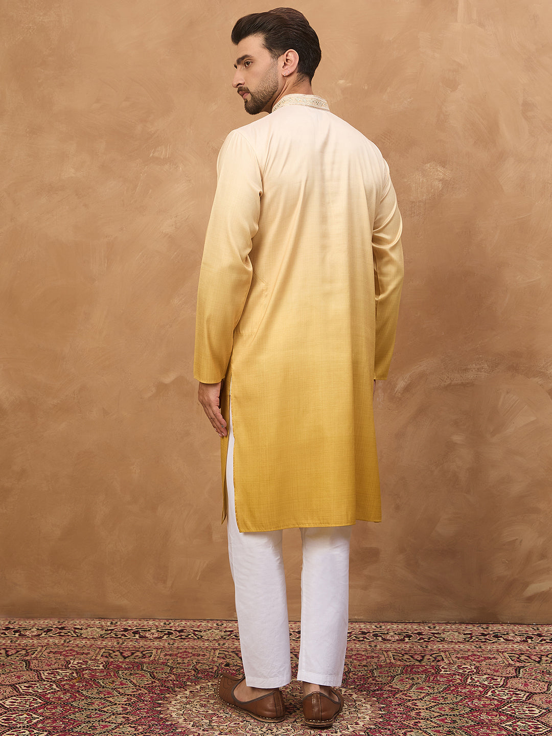 Men Yellow Silk Blend Solid Embroidered Straight Kurta-MKU1486