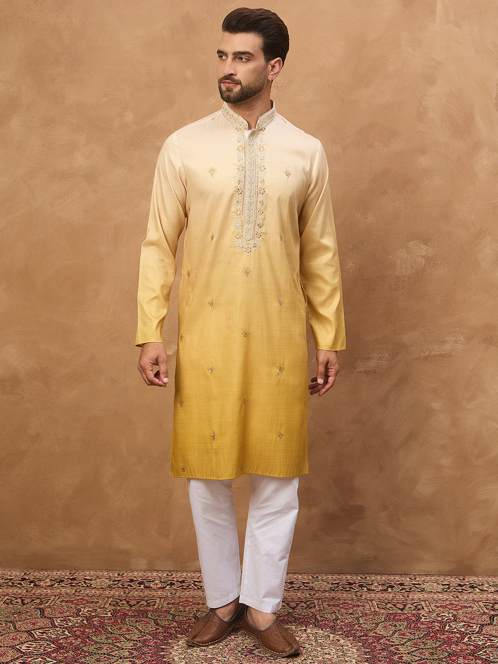 Men Yellow Silk Blend Solid Embroidered Straight Kurta-MKU1486