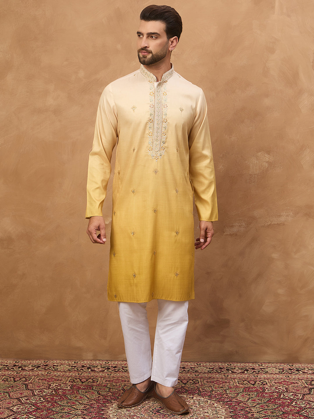 Men Yellow Silk Blend Solid Embroidered Straight Kurta-MKU1486