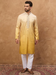 Men Yellow Silk Blend Solid Embroidered Straight Kurta-MKU1486