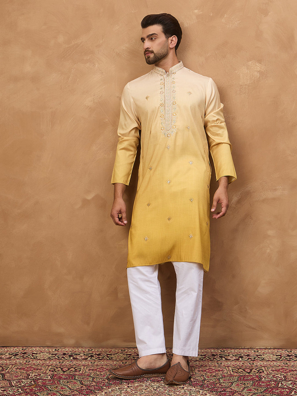 Men Yellow Silk Blend Solid Embroidered Straight Kurta-MKU1486