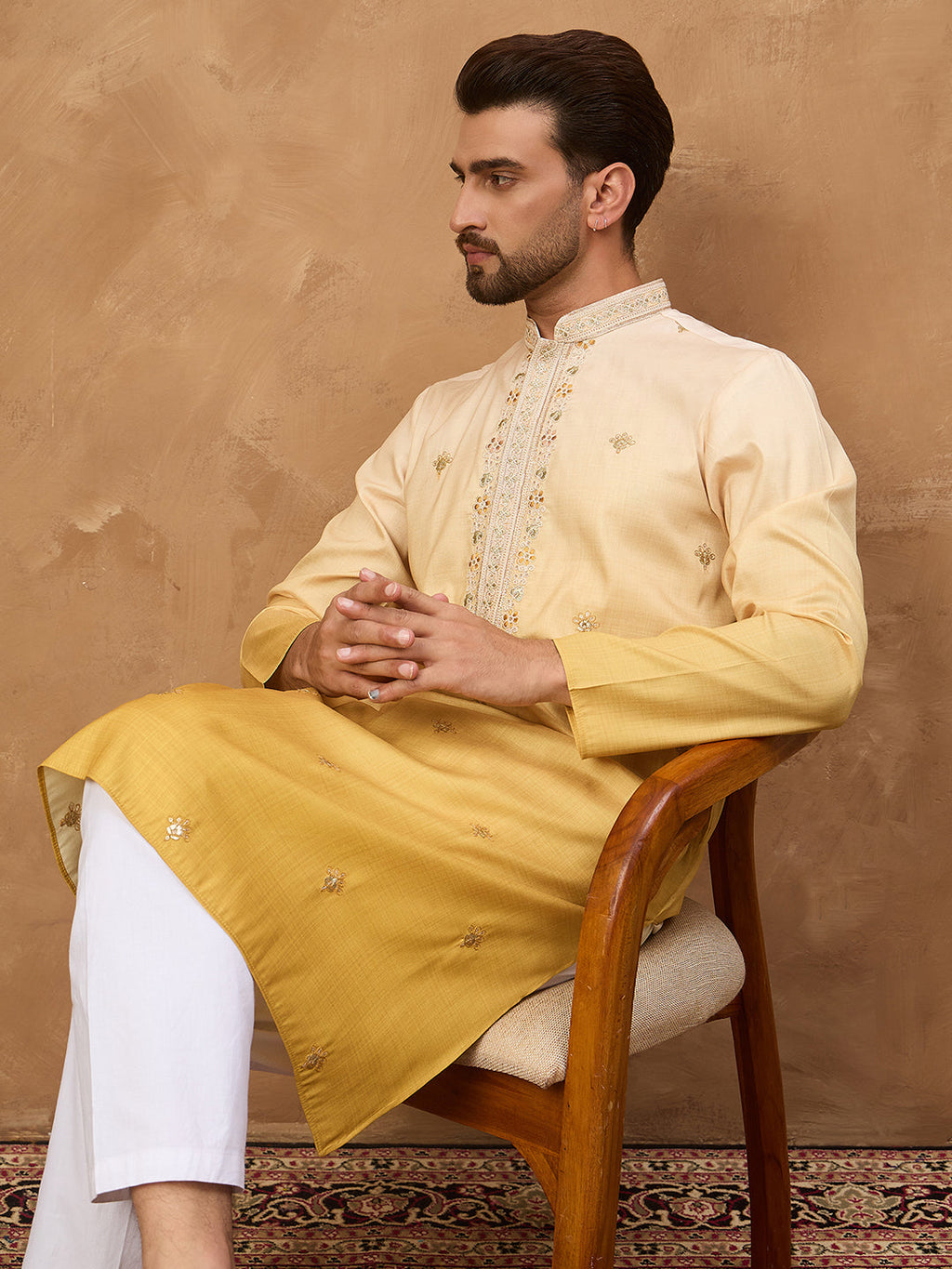 Men Yellow Silk Blend Solid Embroidered Straight Kurta-MKU1486