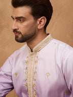 Men Purple Silk Blend Solid Embroidered Straight Kurta-MKU1487