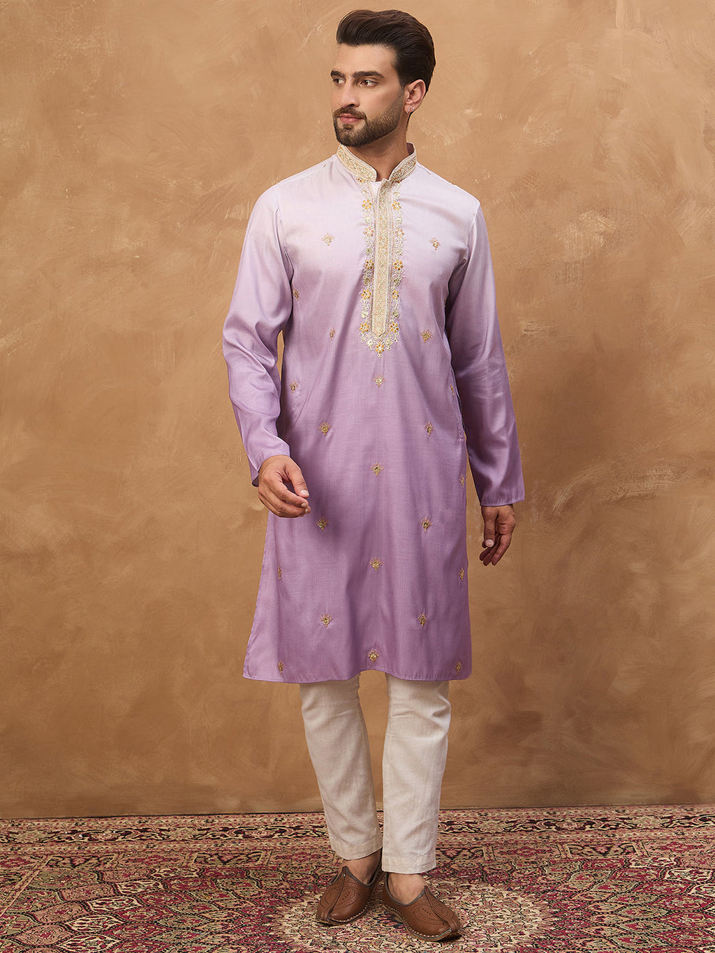 Men Purple Silk Blend Solid Embroidered Straight Kurta-MKU1487