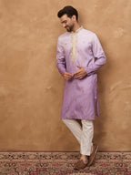 Men Purple Silk Blend Solid Embroidered Straight Kurta-MKU1487