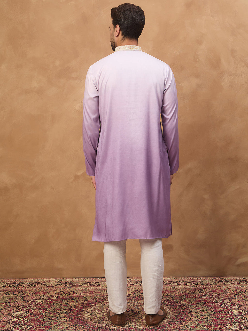 Men Purple Silk Blend Solid Embroidered Straight Kurta-MKU1487