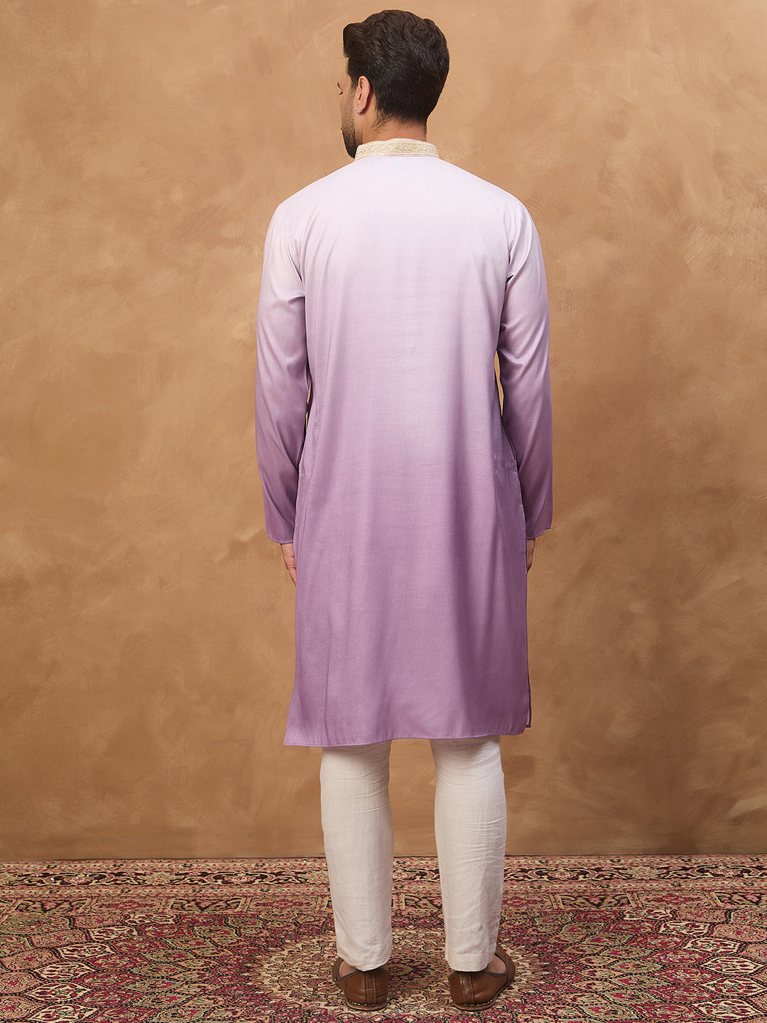 Men Purple Silk Blend Solid Embroidered Straight Kurta-MKU1487