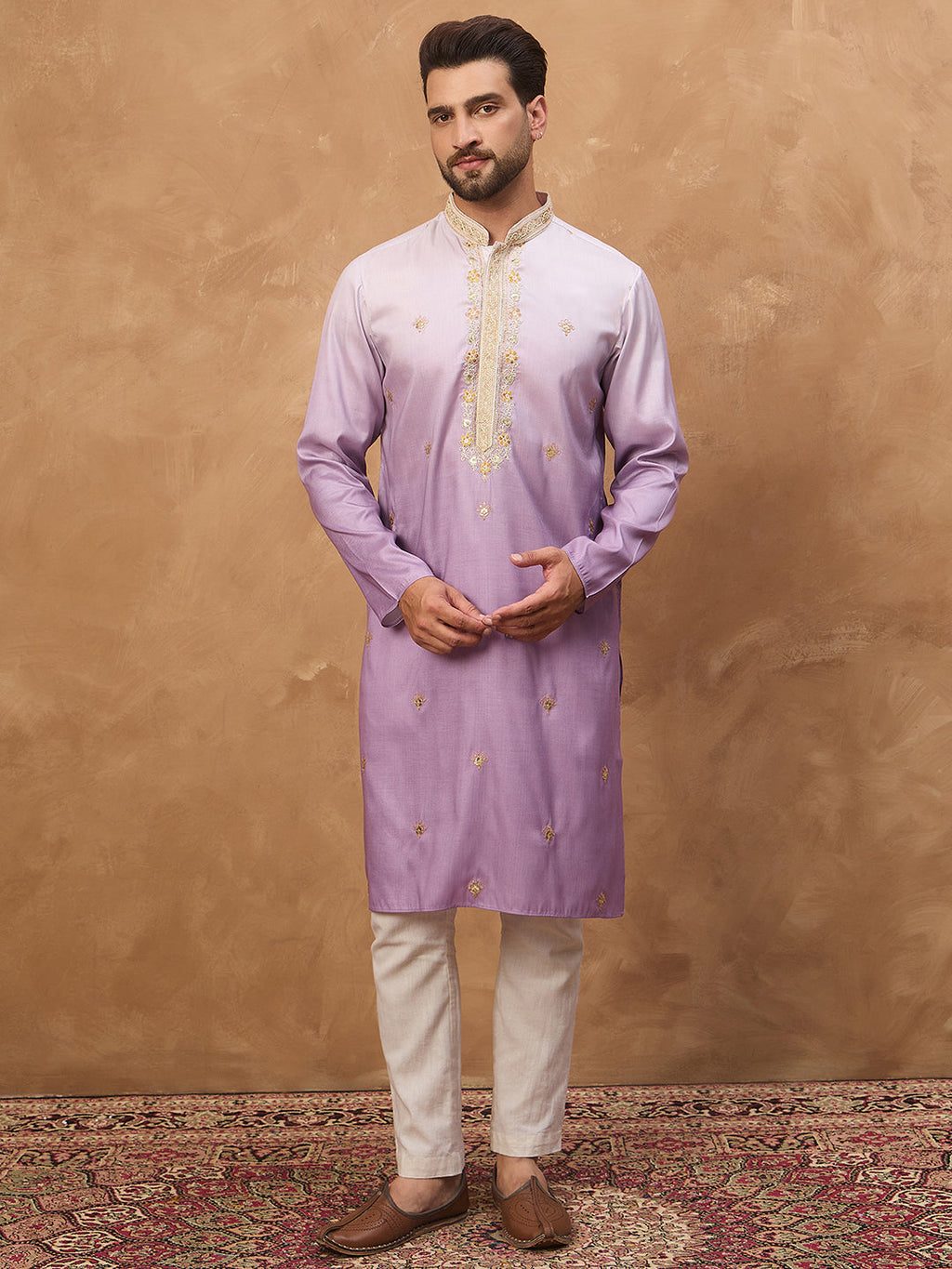 Men Purple Silk Blend Solid Embroidered Straight Kurta-MKU1487