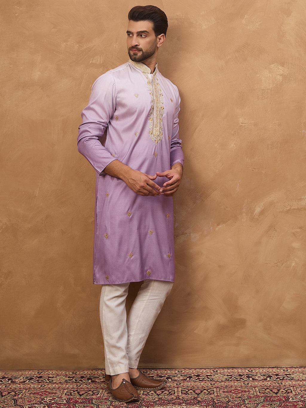 Men Purple Silk Blend Solid Embroidered Straight Kurta-MKU1487