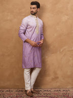 Men Purple Silk Blend Solid Embroidered Straight Kurta-MKU1487
