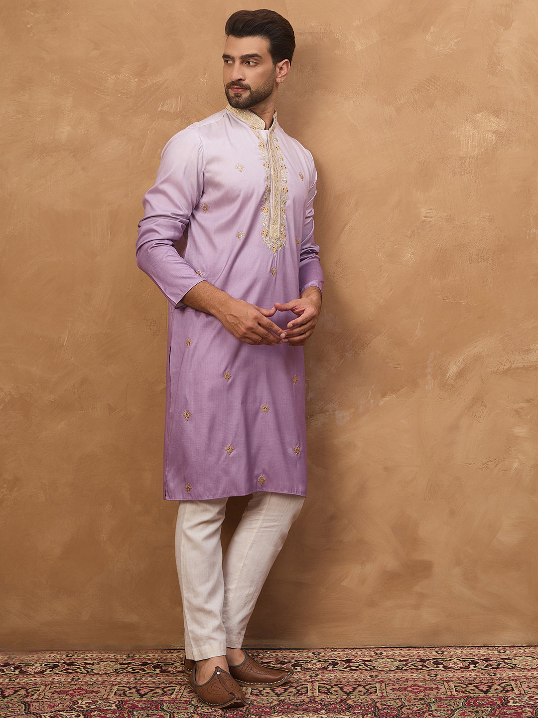 Men Purple Silk Blend Solid Embroidered Straight Kurta-MKU1487
