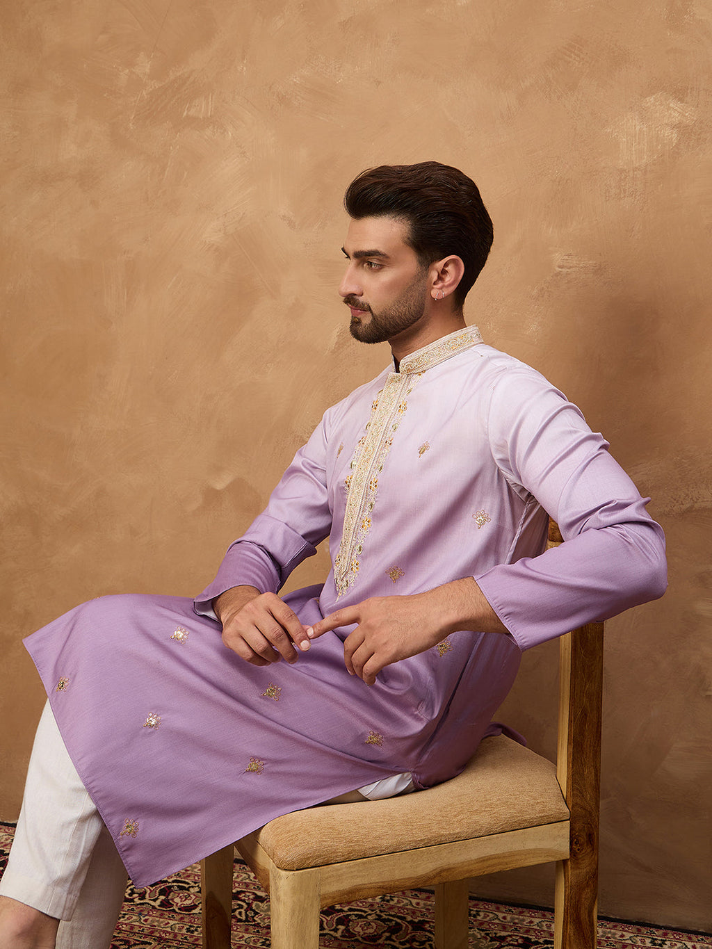 Men Purple Silk Blend Solid Embroidered Straight Kurta-MKU1487