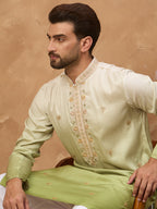 Men Green Silk Blend Solid Embroidered Straight Kurta-MKU1488