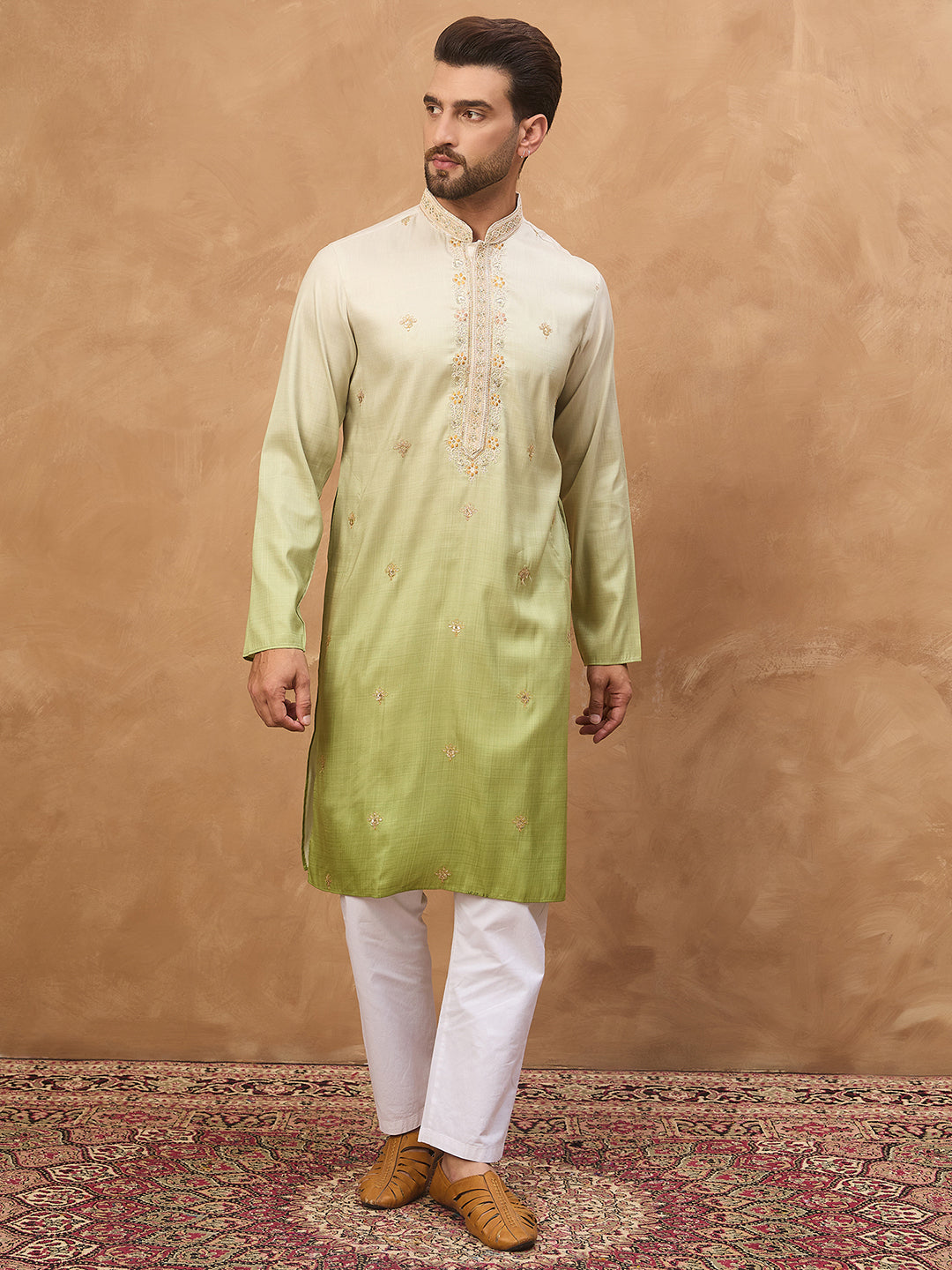 Men Green Silk Blend Solid Embroidered Straight Kurta-MKU1488