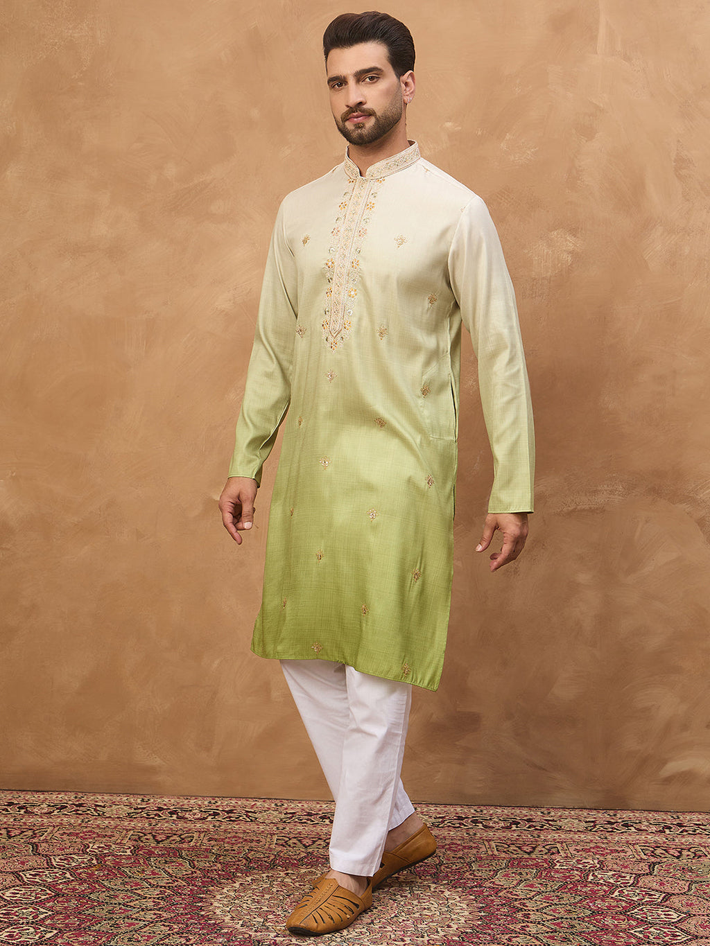 Men Green Silk Blend Solid Embroidered Straight Kurta-MKU1488
