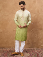 Men Green Silk Blend Solid Embroidered Straight Kurta-MKU1488